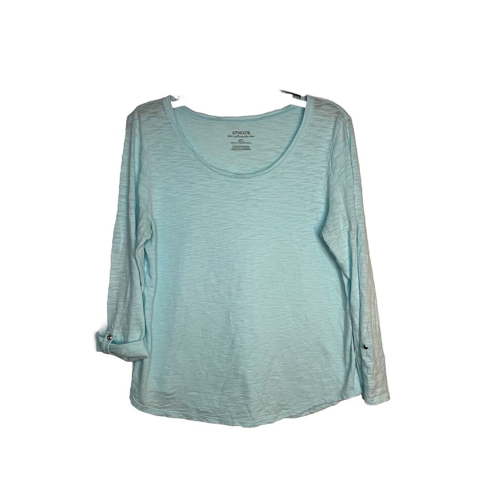 Chicos Ultimate Tee Cloudy Sky Blue 3/4 Roll Tab Long Sleeve 1 Top M 6 8